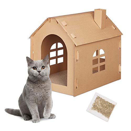 Relaxdays - Caseta de cartón para Gatos con Tabla para rascar para Montar, Incluye Hierba gatera, 46 x 36,5 x 42,5 cm, Color marrón