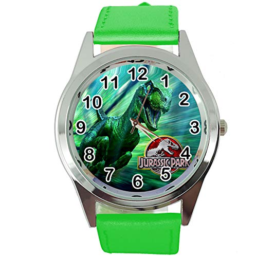 Reloj de cuarzo redondo de cuero verde para los fans de Jurrasic Park