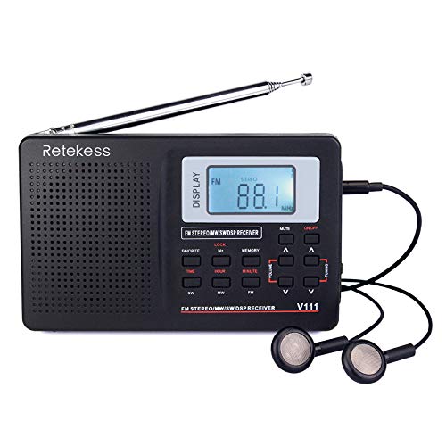 Retekess V111 Radio Portátil FM Am SW, DSP Radio de Bolsillo con Temporizador de Reposo, Radio de Onda Corta con Hora y Despertador, para Familia, Cocina, Exteriores, Viajes