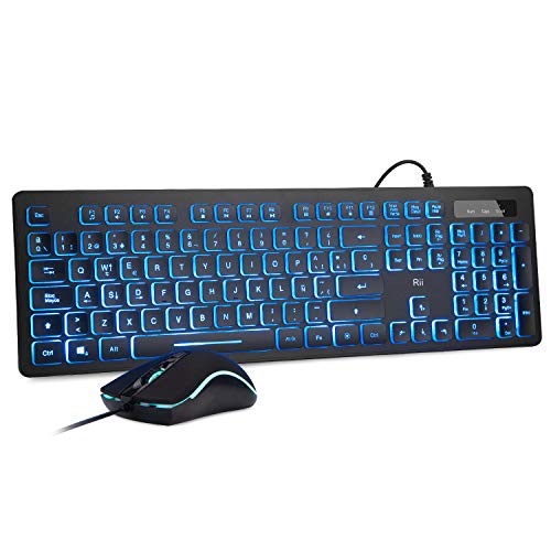 Rii Rk105 RGB Teclado y Ratón Retroiluminado con Cables ,Pack de teclado y ratón para gamers para PC Gamers, Oficina, Diseño Gráfico