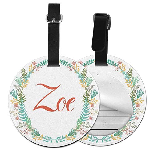 Round Travel Luggage Tags,Blossoming Nature Design Foliage Leaves Silhouette Baby Girl Name Arrangement Wreath,Leather Baggage Tag