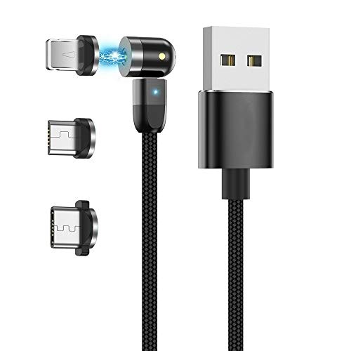 Ruibo Sike - Cable de carga magnético USB 3 en 1 para carga de 360 ° y 180 °, cable giratorio de 2,4 A de nailon, cable giratorio magnético 2M=6ft negro