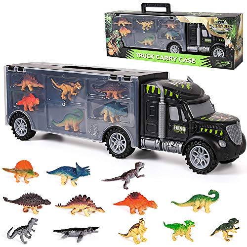 sanlinkee Dinosaurio del Juguete Camión Transportador con 12 Figuras de Juego de Mini Dinosaurio,Educativo Juguete Regalo de Cumpleaños Navidad para Niños 1 2 3 4 Años