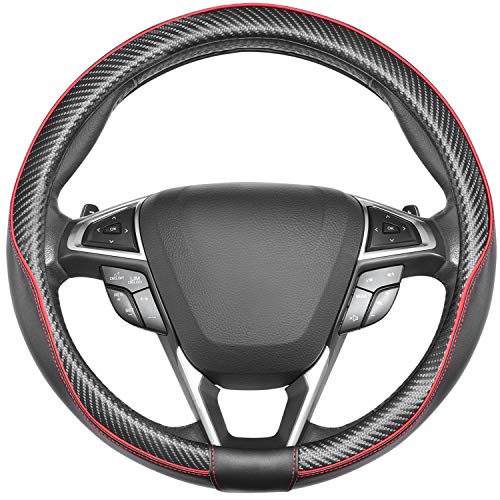 SEG Direct Car Steering Wheel Cover Universal Tamaño Estándar 37-39cm Cuero Con Patrón De Fibra De Carbono Negro Y Rojo