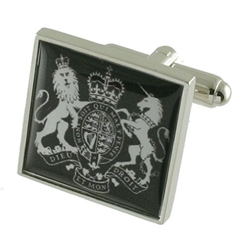 Select Gifts Gemelos de plata de ley 925 con diseño de escudo del Reino Unido para hombre + mensaje personalizable