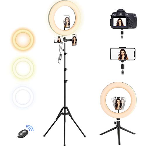 Selvim Aro de luz 10.2" LED 2 Trípodes, Anillo de Luz 2,1m Regulable, 3 Soportes para Móviles, Control Remoto Bluetooth, 128 Bombillas 3 Modos 10 Brillos, para Fotografía Maquillaje Selfie TIK Tok