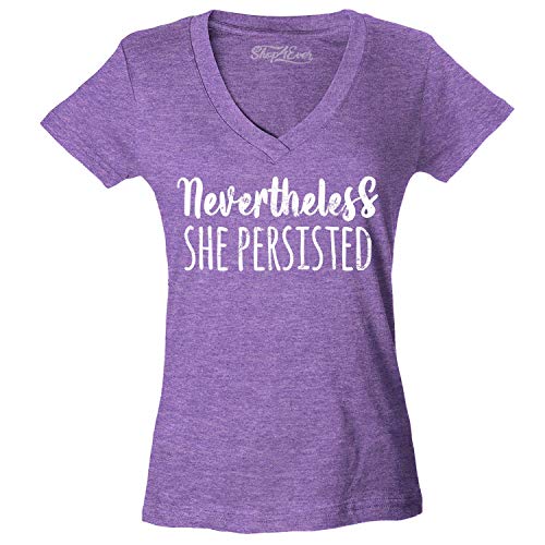 shop4ever Nevertheless She Persisted Distressed Women's V-Neck T-Shirt Medium Heather Purple0