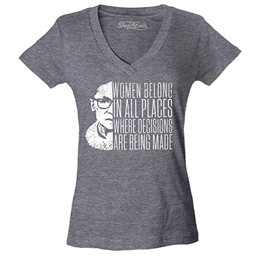 shop4ever Women Belong in All Places Where Decisions are Being Made Women's V-Neck T-Shirt Medium Heather Charcoal0