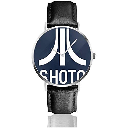 Shoto Atari Logo Ready Player One Watches Reloj de Cuero de Cuarzo con Correa de Cuero Negra para Regalo de colección