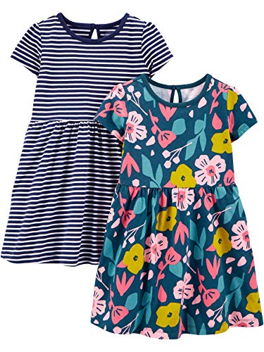 Simple Joys by Carter's Juego de 2 Vestidos Corta y sin Mangas. Infant-and-Toddler-Playwear-Dresses, Floral/Raya, 24 Meses, Pack de 2
