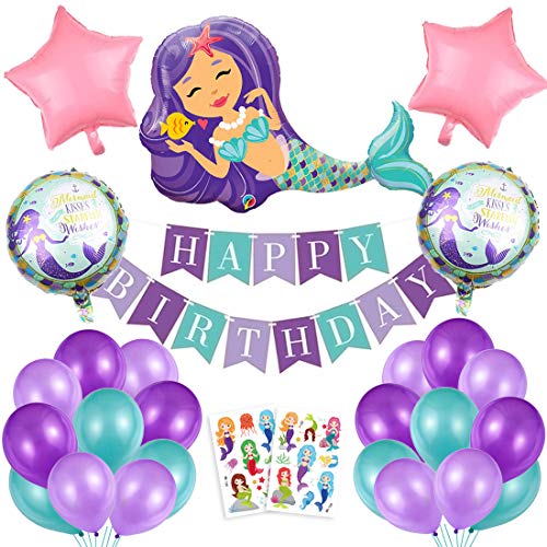 Sirena Decoración de cumpleaños para niña,Morado Feliz cumpleaños Conjunto de Aluminio Globo Látex de pancartas Sirena Party, Fiesta en Globo Decoración Chica Novia Pequeña Fiesta