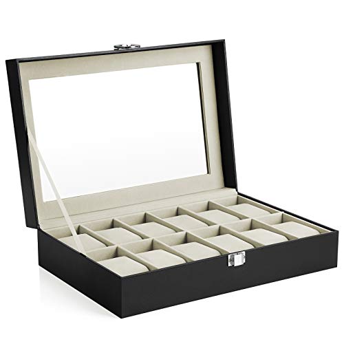 SONGMICS Caja de Relojes con 12 Compartimentos, Estuche para Relojes con Tapa de Cristal, Almohada Extraíble, Forro de Terciopelo, Cierre de Metal, Cuero Sintético Negro, Forro Beige JWB12BE