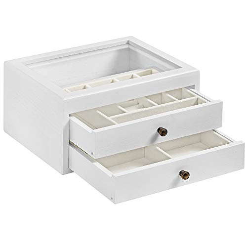 SONGMICS Caja joyero, Caja de Joyas, Estuche de Madera de 2 Niveles, Organizador de Joyas con Tapa de Cristal, para Anillos, Collares, Pendientes, brazaletes, Blanco JOW017W01 SONGMICS Caja joyero, Caja de Joyas, Estuche de Madera de 2 Niveles, Organizador de Joyas con Tapa de Cristal, para Anillos, Collares, Pendientes, brazaletes, Blanco JOW017W01