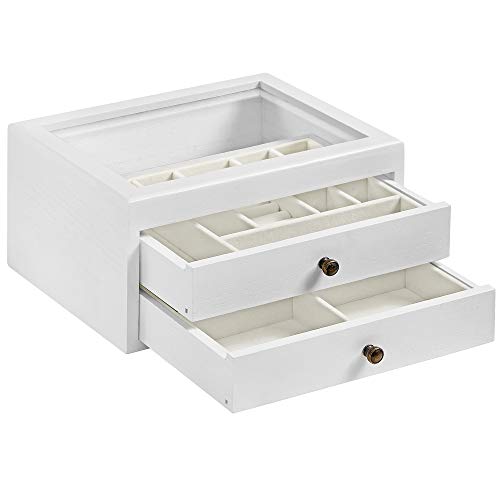 SONGMICS Caja joyero, Caja de Joyas, Estuche de Madera de 2 Niveles, Organizador de Joyas con Tapa de Cristal, para Anillos, Collares, Pendientes, brazaletes, Blanco JOW017W01