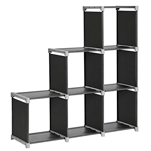 SONGMICS Librería de 6 Cubos, Estantería de Escalera de Tela, Armario de Almacenamiento, Montaje Bricolaje, para Salón, Dormitorio, Estudio, para Juguetes y Libros, Separador, Negro LSN63H