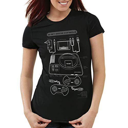 style3 Mega 16-bit Camiseta para Mujer T-Shirt Gamer Classic Retro Videoconsola Sonic Drive, Color:Negro, Talla:L