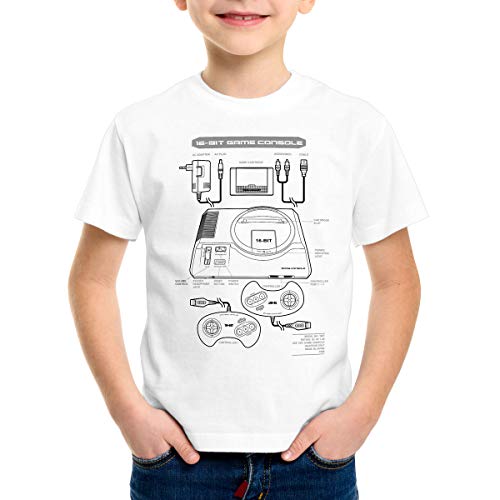 style3 Mega 16-bit Camiseta para Niños T-Shirt Gamer Classic Retro Videoconsola Sonic Drive, Color:Blanco, Talla:152