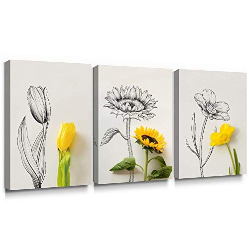 SUMGAR 3 Paneles de lienzos Impresos en Color Amarillo y Gris para Pared para recámara Vintage Flores Fotos Enmarcado, 30 x 40 cm x 3 Piezas, Amarillof, 30x40cmx3p