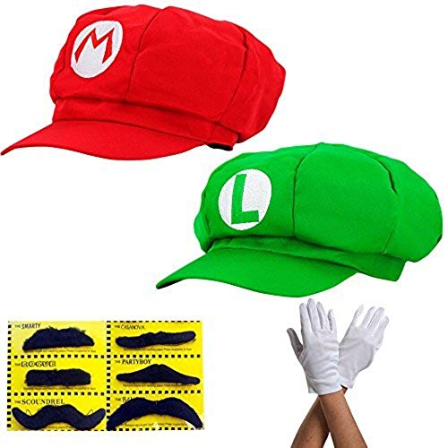 Super Mario Gorra Luigi - Conjunto de Disfraces para Adultos y niños + 2X Guantes y 6X Barba pegajosa Carnival & Cosplay - Classic Cappy Cap Super Mario Gorra Luigi - Conjunto de Disfraces para Adultos y niños + 2X Guantes y 6X Barba pegajosa Carnival & Cosplay - Classic Cappy Cap