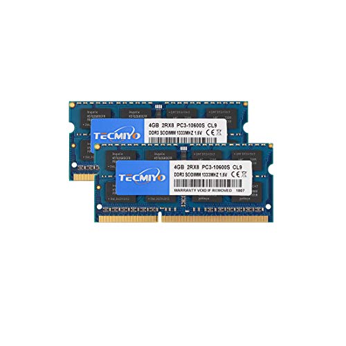 TECMIYO 8GB Kit (2x4GB) PC3 10600S DDR3 1333MHz SODIMM RAM CL9 204 Pin 1.5V Non-ECC Unbuffered Laptop Memory Notebook RAM Module