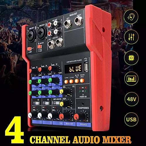 TFCFL Mesa de mezclas 185 x 155 x 60 mm, 4 canales DJ Audiomixer 48 V Phanton Power USB Bluetooth Música Stereo Mixer para micrófonos de condensador Consola de audio
