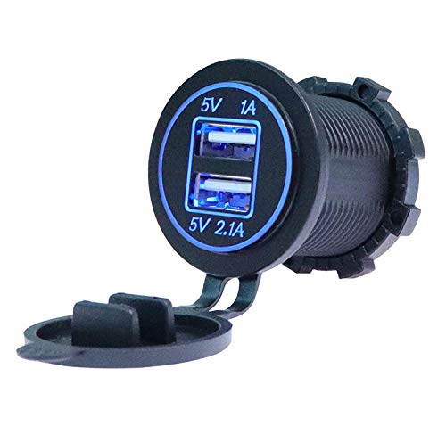 TID LED - Adaptador Cargador USB 12V-5V IP65 2 Salidas 1A y 2.1A Empotrable Azul Pack 5 Pack 10 o Pack 20 (Pack 10 Unidades)