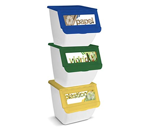 TIENDA EURASIA - Cubos de Basura de Reciclaje para Cocina Apilables. Pack de 3 Contenedores de 36L (Papel - Vidrio - Plástico)