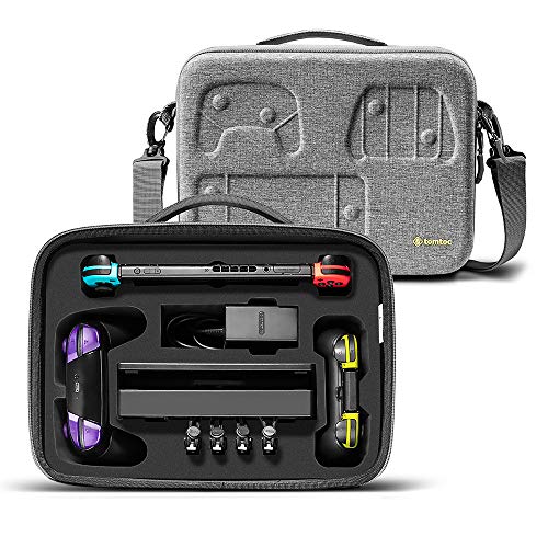 tomtoc Maletín de Transporte para Nintendo Switch, Funda Protectora Rígida con 32 Cartuchos de Juegos, Bolso Bandolera para Switch Consola, Pro Controller, Dock y Accesorios, Gris