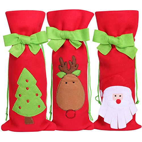 TRIXES Paquete de 3 Piezas de Bolsas para Vino Bolsas de Santa Claus, Árbol de Navidad, Calcetín Cornamenta Reno Fieltro Verde