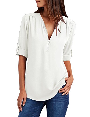 Tuopuda Blusas Camisetas de Gasa Ropa de Mujer Camisas Manga Ajustable Blusas Top (XL, Blanco)
