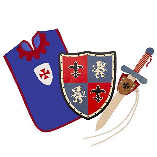 Txkkids Juego de Espada y Escudo Madera,Caballero Medieval,Armas para Niños,Incluye Colgador y Peto.