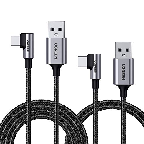 UGREEN Cable USB Tipo C 90 Grados (2 Pack 1m+2m), Cable USB C Acodado, Cable USB C Carga Rápida para Xiaomi Redmi Note 8, Note 9, Mi A3 Mi A2, Samsung S20, A50, BQ Aquaris X, Sony Xperia XZ, LG V60