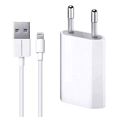 ultrapower100® Cargador Compatible iPhone 1A 5 W 1400 + Cable 100% 1 Metro Blanco Compatible iPhone 5 5 C 5S 6 SE 6S 7 8 X XR XS XS MAX