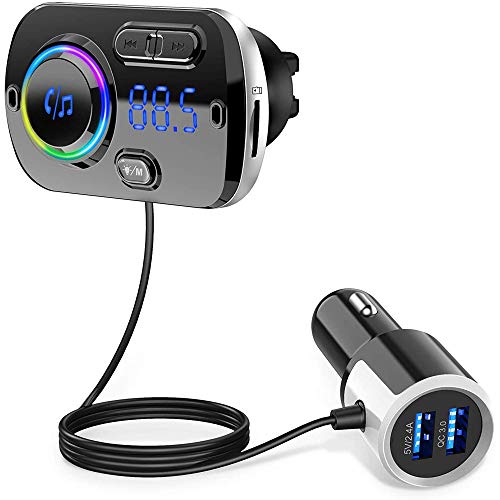 Upgrade Transmisor FM Bluetooth 5.0 Coche Manos Libres con 7 Colores Luz, Reproductor MP3 Coche Carga Rapida QC3.0, 2 USB 5V/3A&2.4A Inalámbrico Kit de Coche Soporte Tarjeta TF 32G, AUX, SIRI