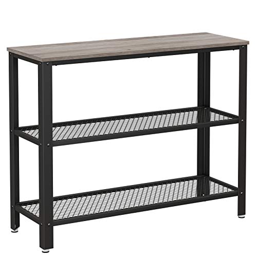 VASAGLE Mesa de Consola de Estuilo Industrial, Mesa para Pasillo con 2 Estantes de Malla, Mesa para Salón, 101,5 x 35 x 80 cm, Acero, Greige y Negro LNT081B02