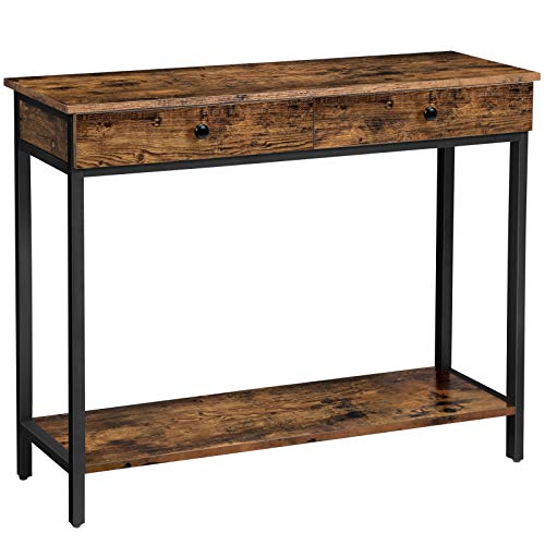 VASAGLE Mesa de Consola, Mesa de Entrada, Mesa de Sofá con 2 Cajones, Marco de Acero, Estable, para Pasillo, Dormitorio, Salón, Estilo Industrial, Marrón Rústico y Negro LNT010B01