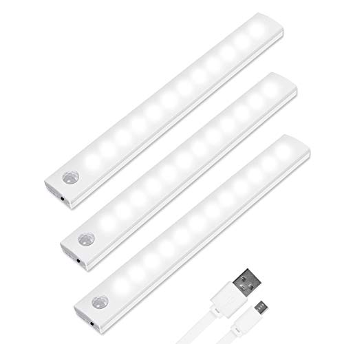 Vicloon Iluminacion Luz sin cables Portatil, 3 Pc Luz Armario con Sensor de Movimiento con Auto en/Apagado/Siempre en, USB Recargable LED Armario con 2 Tiras Magnéticas, para Escalera, Cocina (Blanco)