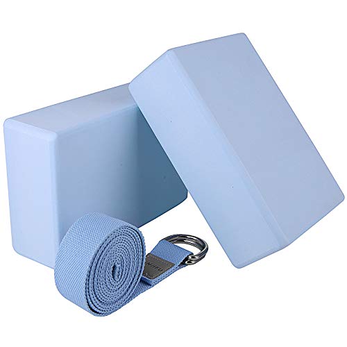 Viesap Bloque Yoga, 2 Pcs Bloques De Yoga+Correa, Bloque De Yoga Ejercico EVA De Alta Densidad para Mejorar Fuerza Y Flexibilidad Yoga, Bloque Yoga Grande Set Bloques Yoga Bloque Yoga Espuma, Azul.