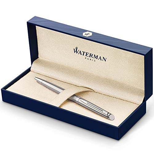 Waterman Hémisphère bolígrafo, acero inoxidable con adorno cromado, punta media con cartucho de tinta azul, estuche de regalo