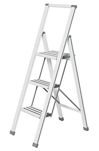 Wenko Escalera Plegable con 3 peldaños, Aluminio, Color Blanco/Gris, 44 x 127 x 5,5 cm, 601016100 