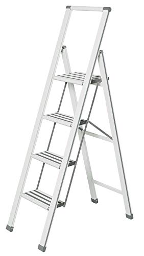 WENKO Escalera plegable en diseño de aluminio 4 peldaños, blanca, Haushaltsleiter, Aluminio recubierto, 44 x 153 x 5.5 cm, Blanco