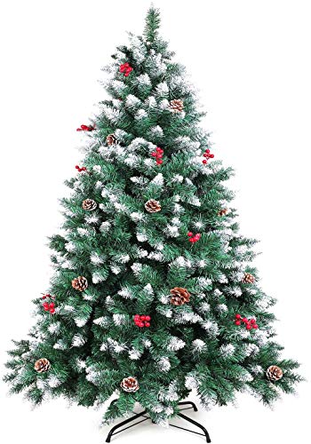 WEWILL Árbol de Navidad Artificial 180CM Árbol de Navidad Nevado con Conos de Pino Decorados y Bayas Rojas Pino Blanco Natural para Decoraciones