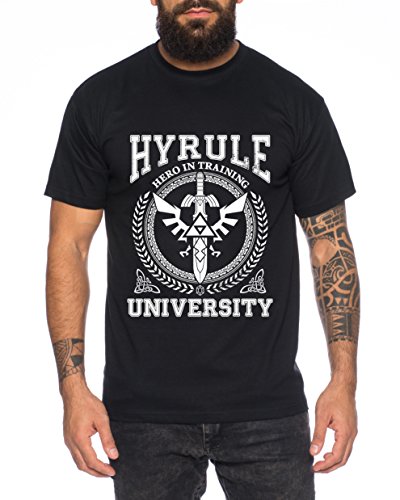 WhyKiki University of Hyrule Camiseta de Hombre Link Wappen Gamer SNES Ocarina, Farbe2:Negro;Größe2:3XL