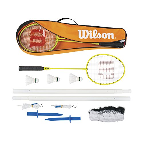 Wilson Set de bádminton Incluye 4 Raquetas, 3 Volantes, 1 Red, 2 Soportes telescópicos, Accesorios de Suelo y Bolsa de Transporte, Unisex, Naranja/Verde, Talla Única