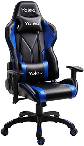 YOLEO Silla Gaming Profesional, Gaming Chair Silla Ajustable Giratoria para Juegos, Poilipiel, Ergonómica, Carga Máxima de 150 kg, Negro Azul