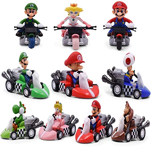 YUNMEI Mario Juguetes 10 Unids / Set Super Mario Bros Kart Pull Back Car Mario Luigi Yoshi Toad Mushroom Princess Peach Donkey Kong Figura Juguetes