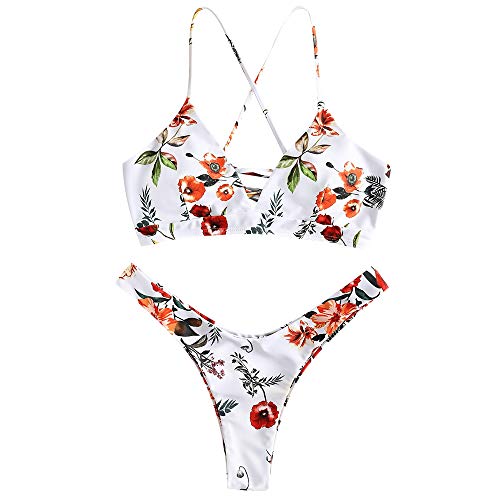 ZAFUL Conjunto de bikini para mujer con parte trasera acolchada con encaje y parte trasera Blanco M