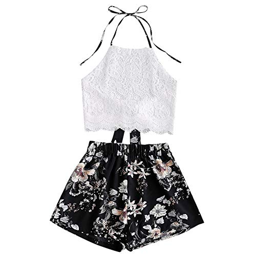 ZAFUL Conjunto de camiseta y pantalones cortos para mujer con estampado floral Impresión negra. M ZAFUL Conjunto de camiseta y pantalones cortos para mujer con estampado floral Impresión negra. M