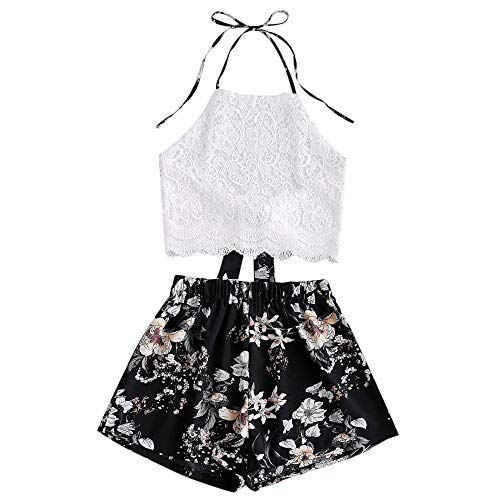 ZAFUL Conjunto de camiseta y pantalones cortos para mujer con estampado floral Impresión negra. M