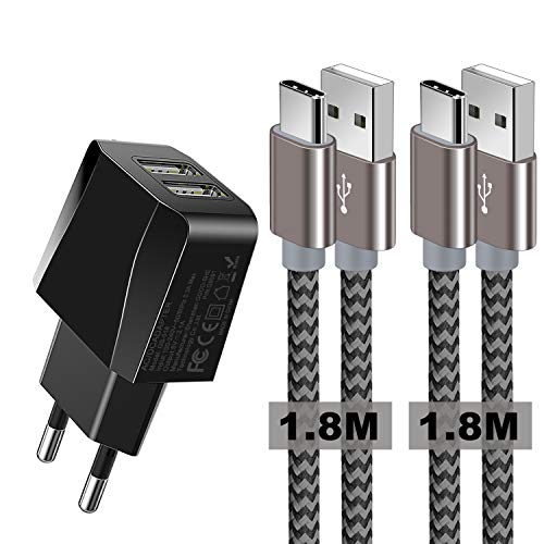 Zeuste Cargador Móvil con 2 Puertos USB Compatible con la mayoría de Dispositivos móviles,2-Pack 1.8M Cable USB Tipo C(Gris) para Samsung Galaxy S9/S8+/Nota 8,Sony Xperi,Huawei P9